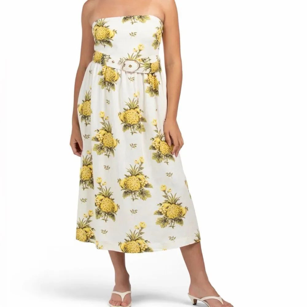 TAHARI Linen Blend Vintage Pineapple Strapless Midi Dress Cream Yellow 8 NWT